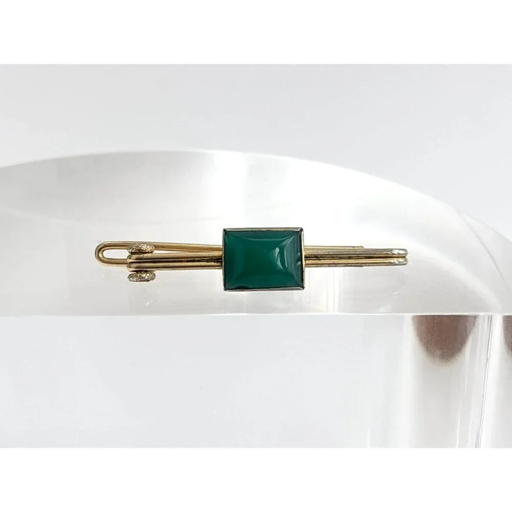 Swank Signed Faux Green Stone Gold Toned Vintage Men's Tie Bar | Tie Clip